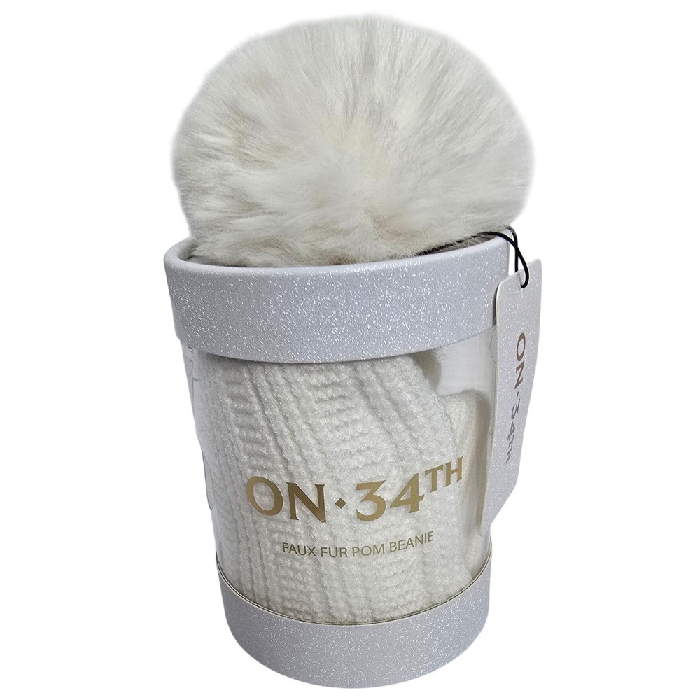 On 34th Women White Faux Fur Pom Beanie Ribbed Knit Winter Hat NWT Gift Box